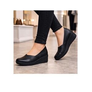 Clarks Suttyn Walk Wedge Shoes Womens 10‎ Black Excellent Leather Slip On
